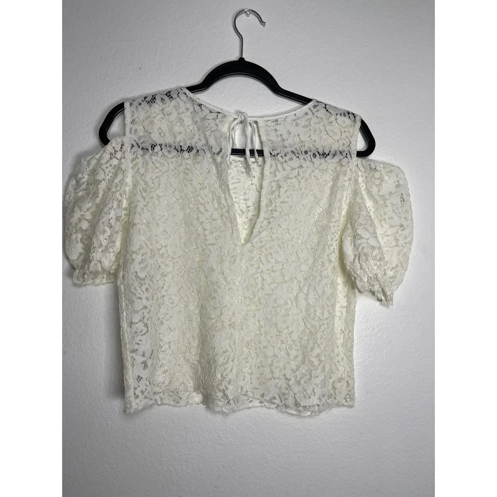 Zara Woman Basic Cream Floral Lace Cold Shoulder Puff Sleeve Ruffle Top Medium